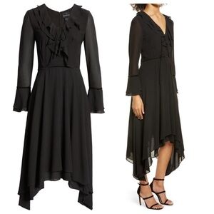 Shani Collection Ruffle Asymmetrical Long Sleeve Midi Dress Hanky Hem Black  Med